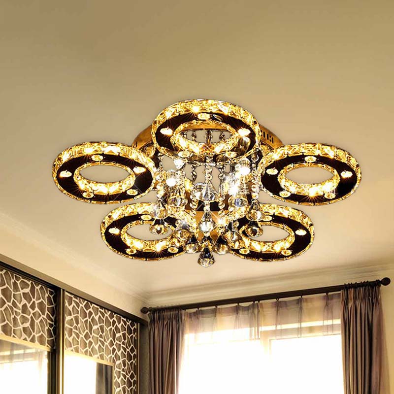 Ring Semi Flush Light Contemporary K9 Crystal Chrome 23.5"/28"/33.5" Wide LED Ceiling Lamp, Warm/White/2 Color Light