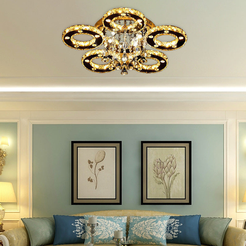 Ring Semi Flush Light Contemporary K9 Crystal Chrome 23.5"/28"/33.5" Wide LED Ceiling Lamp, Warm/White/2 Color Light