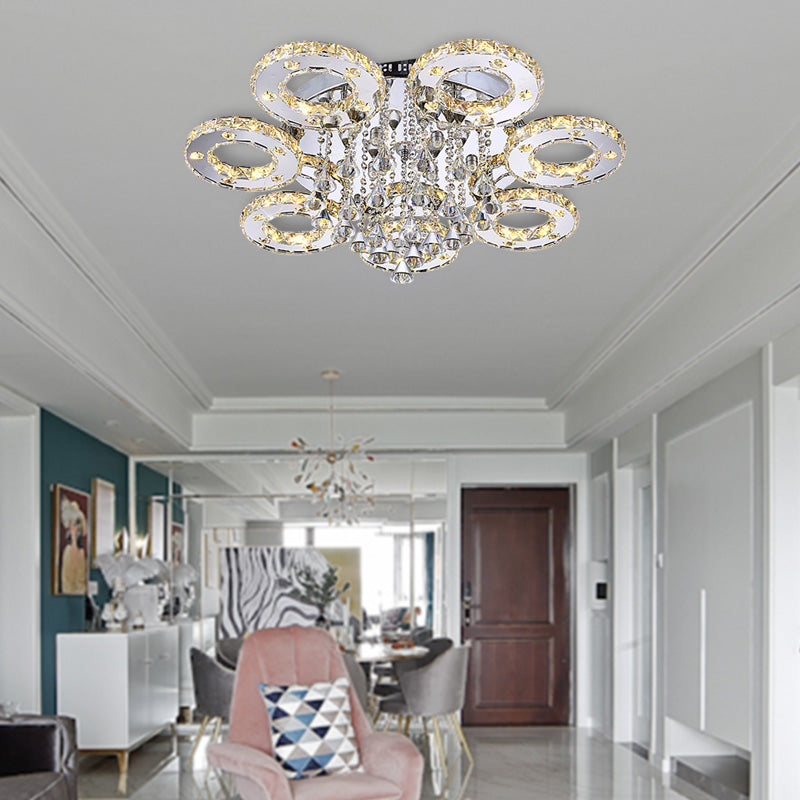 Ring Semi Flush Light Contemporary K9 Crystal Chrome 23.5"/28"/33.5" Wide LED Ceiling Lamp, Warm/White/2 Color Light