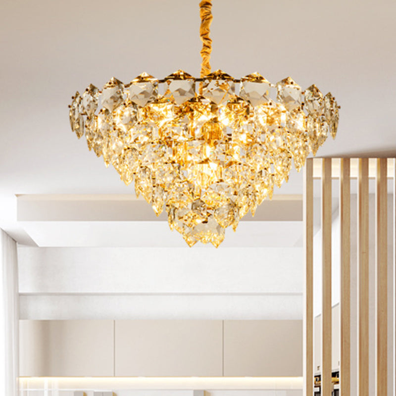 Simple Tapered Hexagon Crystal Hanging Lamp 8 Lights Chandelier Light Fixture in Gold