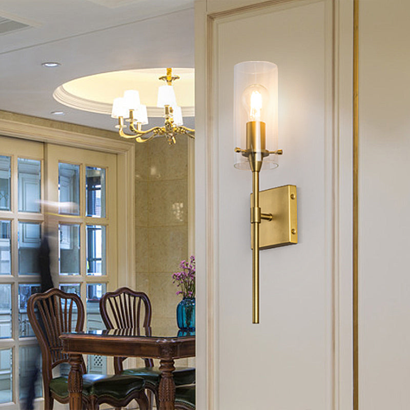 Brass Modernism Wall Mounted Lamp, Torch Design with Cylinder Shaped Glass Shade