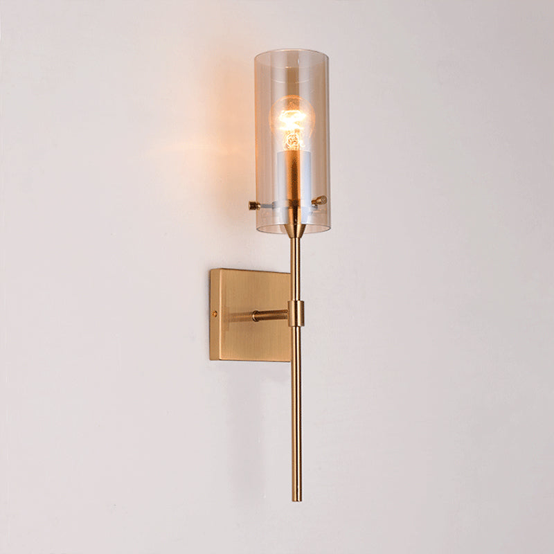 Brass Modernism Wall Mounted Lamp, Torch Design with Cylinder Shaped Glass Shade