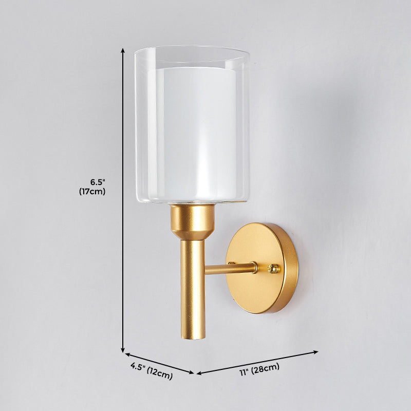 Metallic Single Bulb Wall Light, Golden Finish with Cylinder Shaped Glass Shade