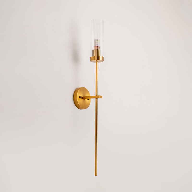 1-Light Torch Design Wall Light, Brass Finish with Cylinder Shaped Glass Shade