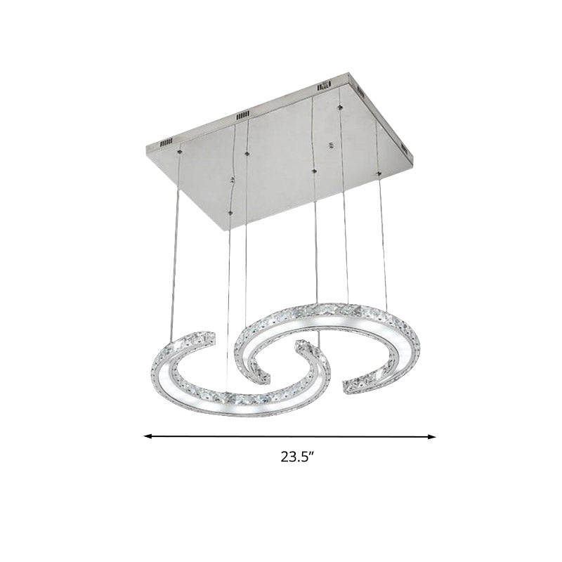 Double C-Shape Suspension Pendant Minimalist K9 Crystal Chrome LED Hanging Chandelier in Warm/White/3 Color Light