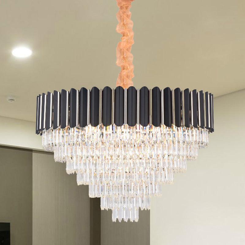 Layered Chandelier Lighting Fixture Minimalist Crystal 16/22 Lights Black Hanging Pendant Light