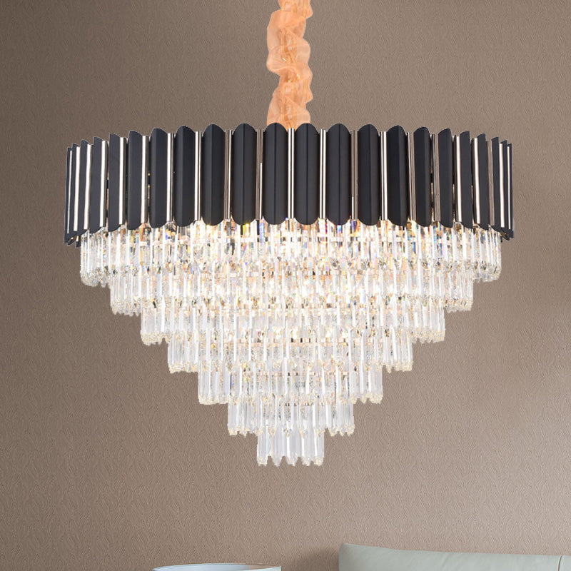 Layered Chandelier Lighting Fixture Minimalist Crystal 16/22 Lights Black Hanging Pendant Light