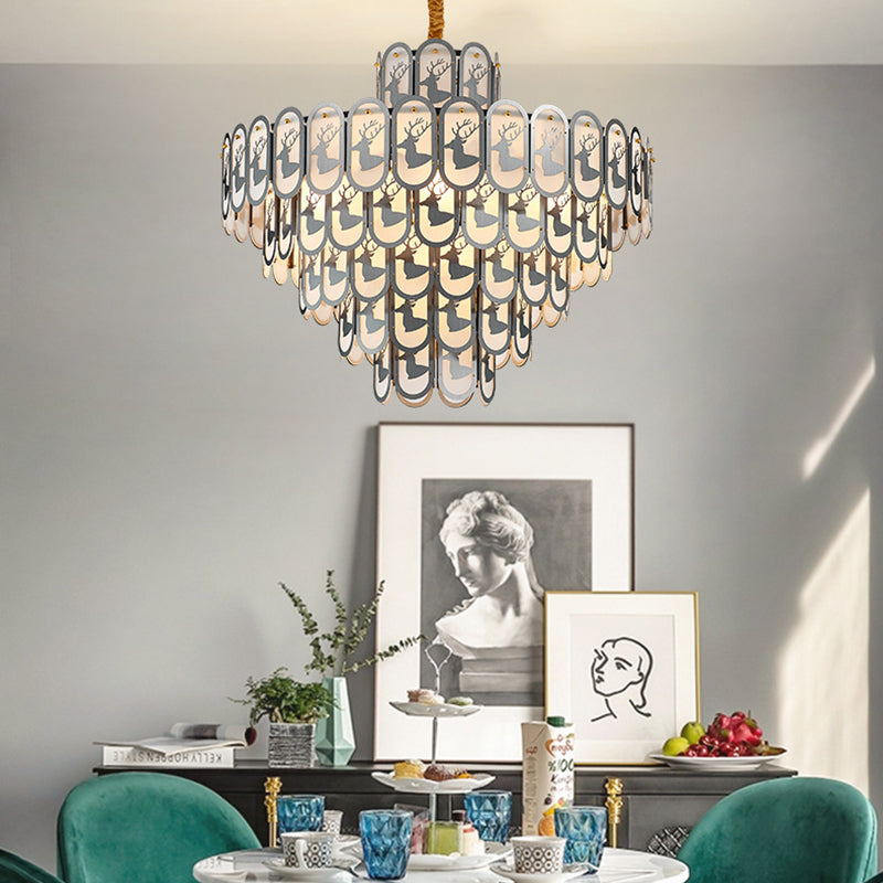 Crystal Tiered Chandelier Pendant Light Modern 12/16 Lights Down Lighting in Nickel with Elk Pattern