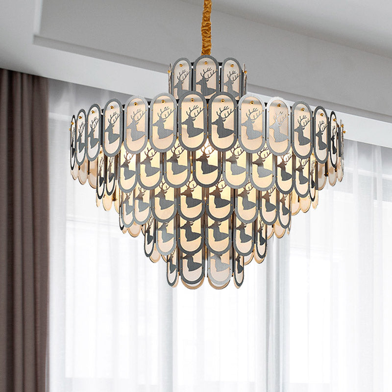 Crystal Tiered Chandelier Pendant Light Modern 12/16 Lights Down Lighting in Nickel with Elk Pattern