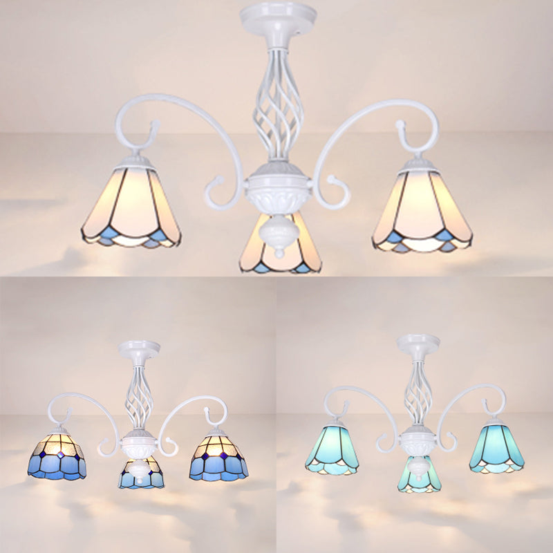 Lámpara semi empotrada para sala de estar con pantalla estilo Tiffany, lámpara semi empotrada de 3/5 luces en blanco/azul/azul cielo