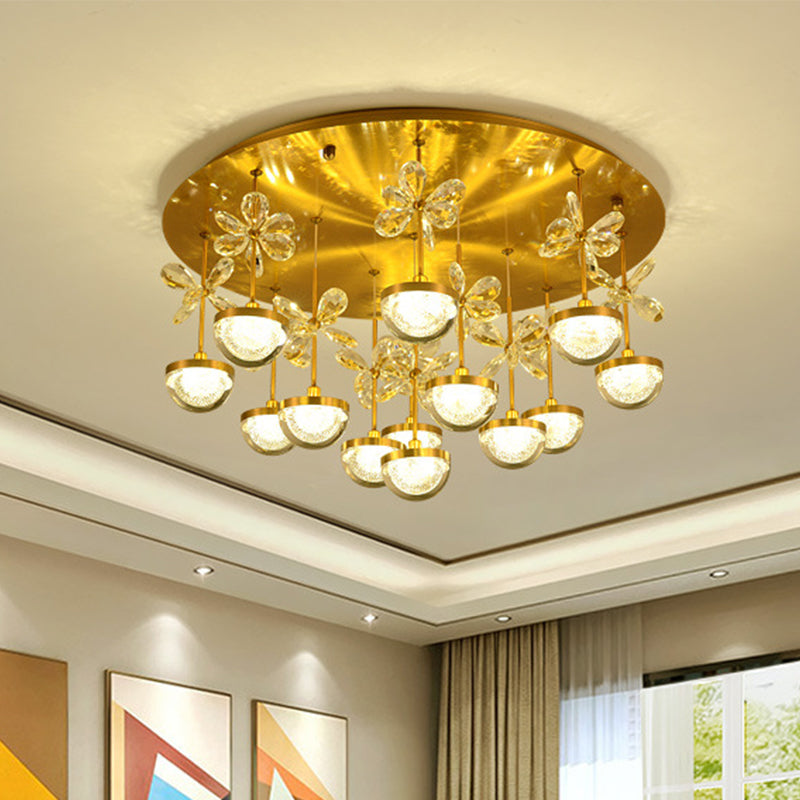 Hémisphère semi-rinçage cristal contemporain 9/12 têtes en laiton près du plafond, 18 "/23,5" de large