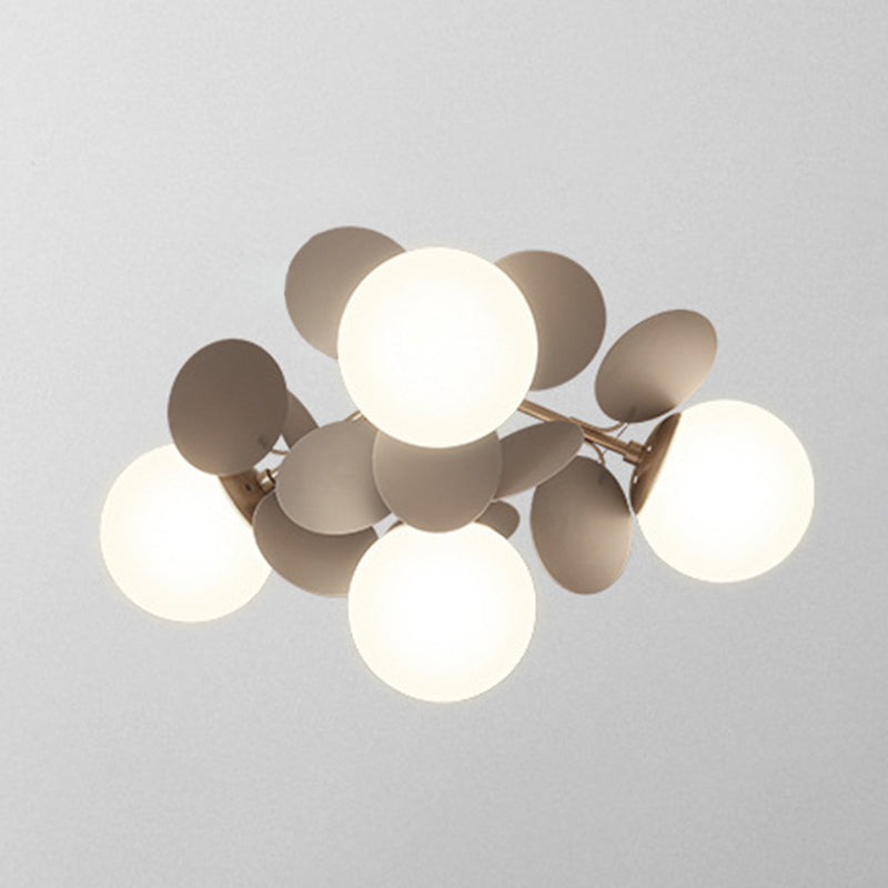 Flower Branch Metal Semi Flush Ceiling Light in Modern Simplicity Sputnik Indoor Flush Mount with Circular Opal Glass Shade