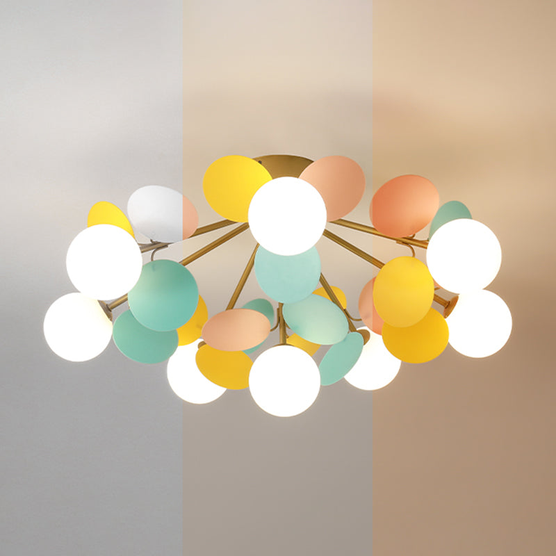 Flower Branch Metal Semi Flush Ceiling Light in Modern Simplicity Sputnik Indoor Flush Mount with Circular Opal Glass Shade