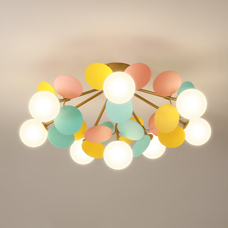 Flower Branch Metal Semi Flush Ceiling Light in Modern Simplicity Sputnik Indoor Flush Mount with Circular Opal Glass Shade