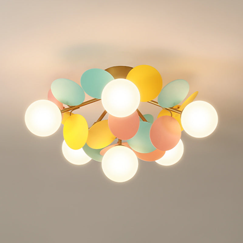 Flower Branch Metal Semi Flush Ceiling Light in Modern Simplicity Sputnik Indoor Flush Mount with Circular Opal Glass Shade