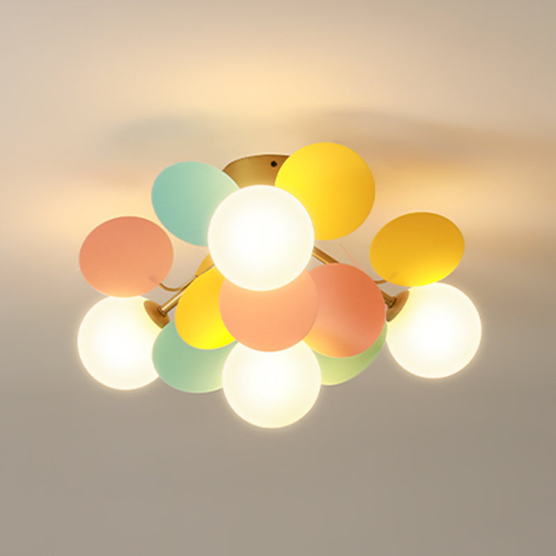 Flower Branch Metal Semi Flush Ceiling Light in Modern Simplicity Sputnik Indoor Flush Mount with Circular Opal Glass Shade