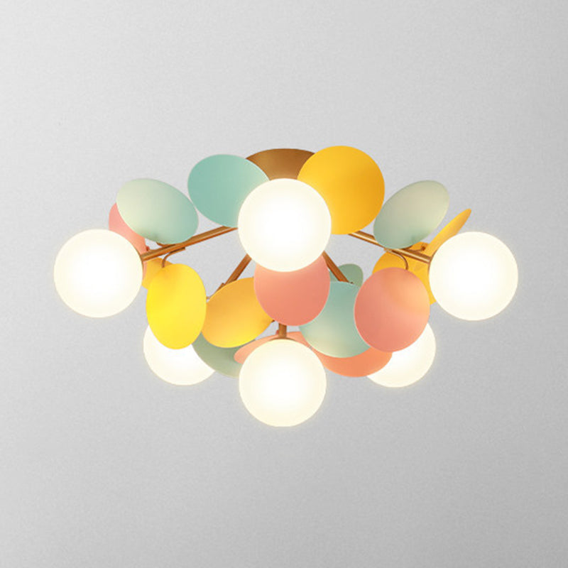 Flower Branch Metal Semi Flush Ceiling Light in Modern Simplicity Sputnik Indoor Flush Mount with Circular Opal Glass Shade