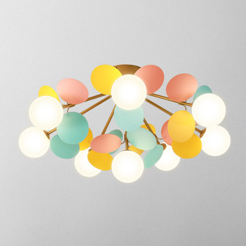 Flower Branch Metal Semi Flush Ceiling Light in Modern Simplicity Sputnik Indoor Flush Mount with Circular Opal Glass Shade