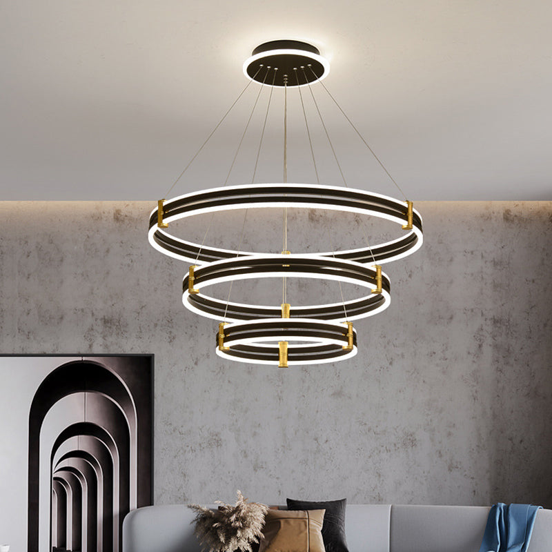 Black Tiered Round Chandelier Minimalist Acrylic LED Suspension Light for Living Room