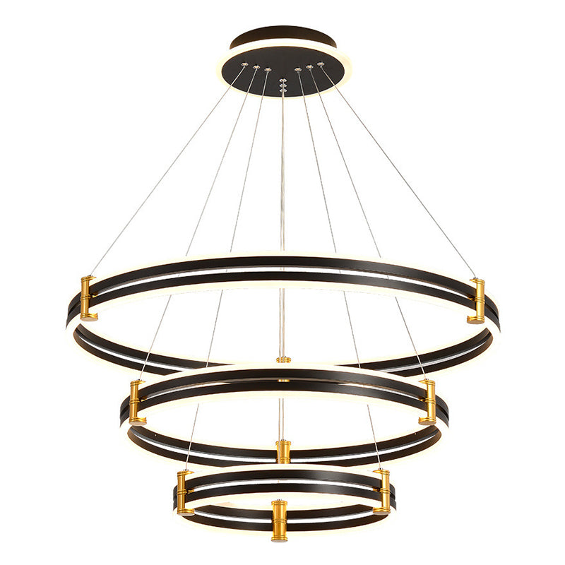 Black Tiered Round Chandelier Minimalist Acrylic LED Suspension Light for Living Room