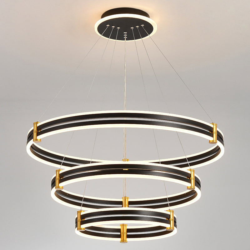 Black Tiered Round Chandelier Minimalist Acrylic LED Suspension Light for Living Room