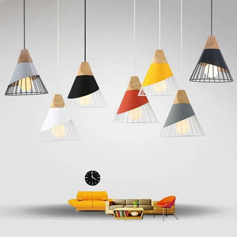 Metal Tapered Hanging Light Nordic Modern 1 Light  Restaurant Ceiling Pendant Lamp with Wooden Top