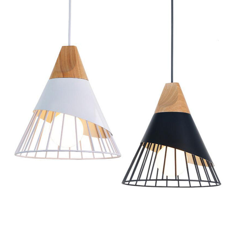 Metal Tapered Hanging Light Nordic Modern 1 Light  Restaurant Ceiling Pendant Lamp with Wooden Top