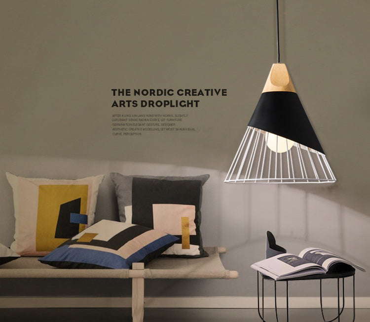 Metal Tapered Hanging Light Nordic Modern 1 Light  Restaurant Ceiling Pendant Lamp with Wooden Top