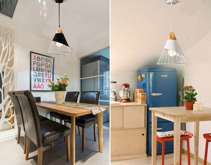 Metal Tapered Hanging Light Nordic Modern 1 Light  Restaurant Ceiling Pendant Lamp with Wooden Top