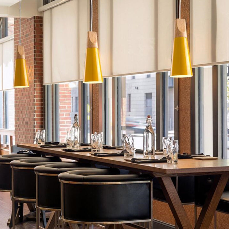 1 Light Metal Tapered  Pendant Lamp Nordic Style Wooden Top Living Room Hanging Lamp