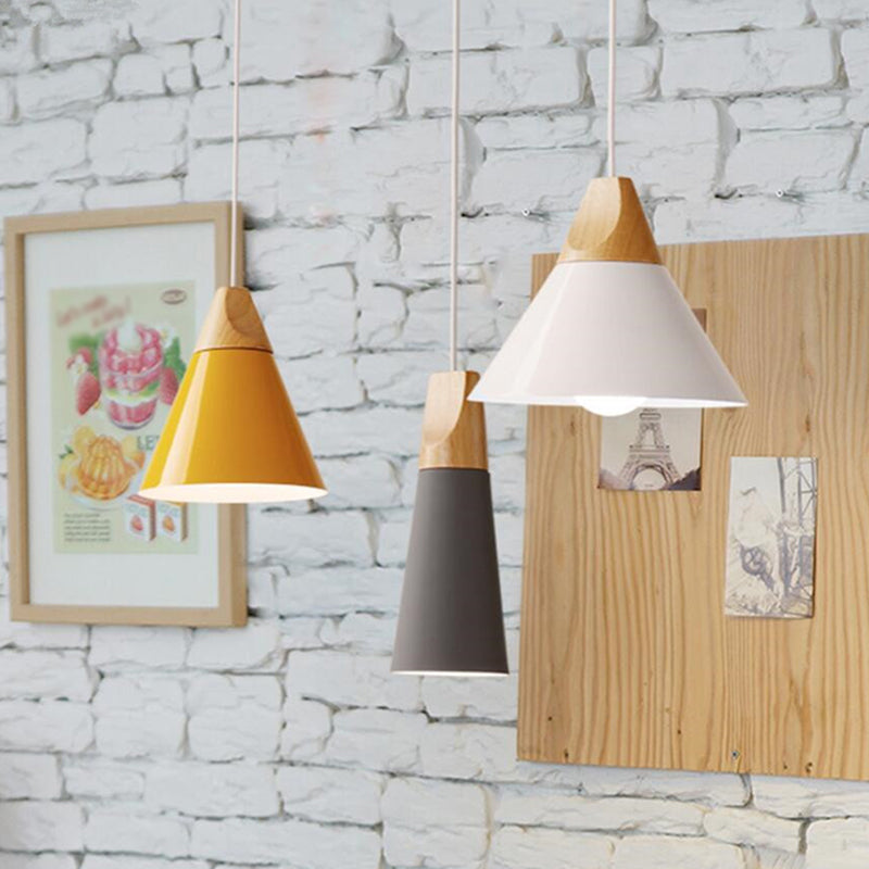 1 Light Metal Tapered  Pendant Lamp Nordic Style Wooden Top Living Room Hanging Lamp