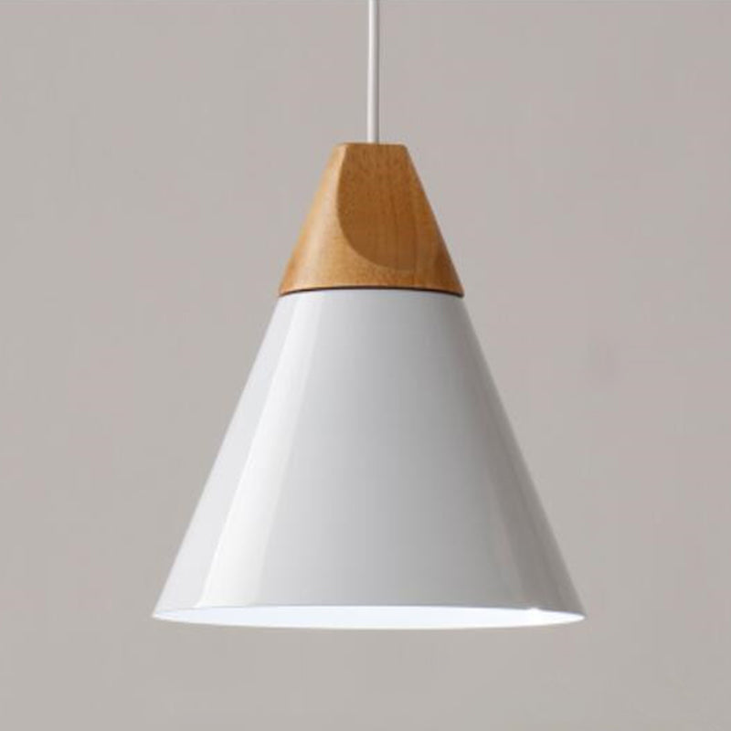 1 Light Metal Tapered  Pendant Lamp Nordic Style Wooden Top Living Room Hanging Lamp