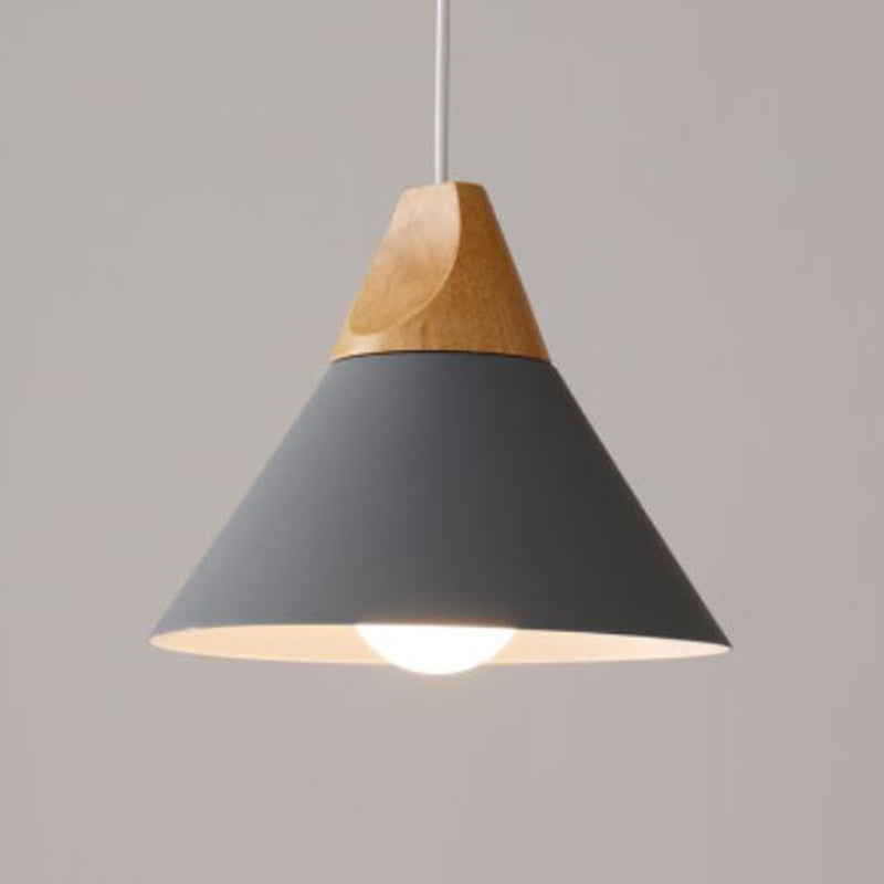 1 Light Metal Tapered  Pendant Lamp Nordic Style Wooden Top Living Room Hanging Lamp