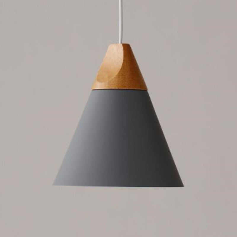 1 Light Metal Tapered  Pendant Lamp Nordic Style Wooden Top Living Room Hanging Lamp