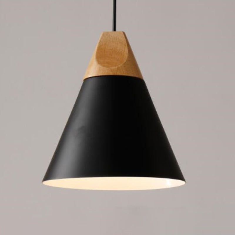 1 Light Metal Tapered  Pendant Lamp Nordic Style Wooden Top Living Room Hanging Lamp