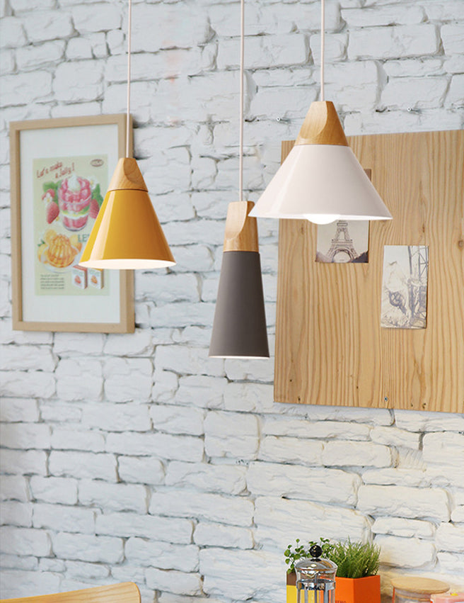 1 Light Metal Tapered  Pendant Lamp Nordic Style Wooden Top Living Room Hanging Lamp