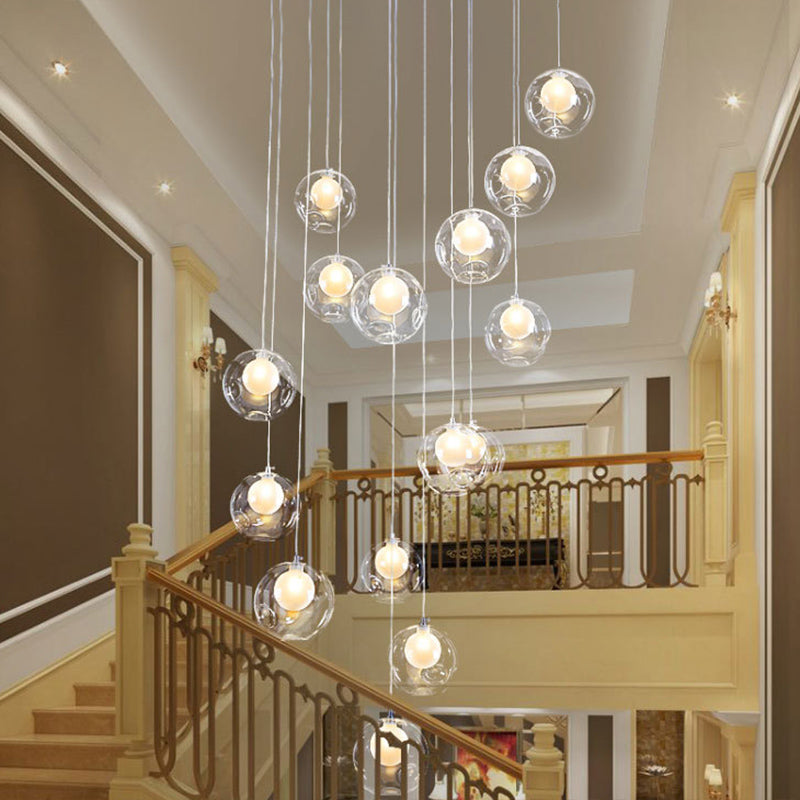 Ball Spiral Stairs Multi-Pendant Clear Dimpled Glass 15-Light Modern Ceiling Light