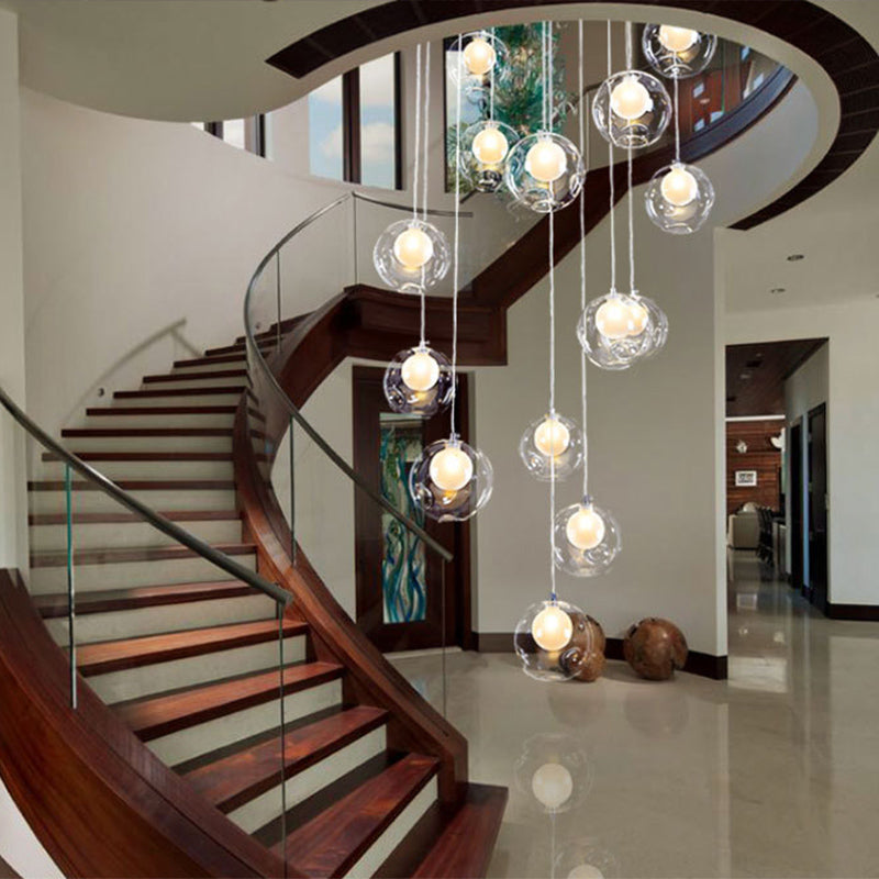 Ball Spiral Stairs Multi-Pendant Clear Dimpled Glass 15-Light Modern Ceiling Light