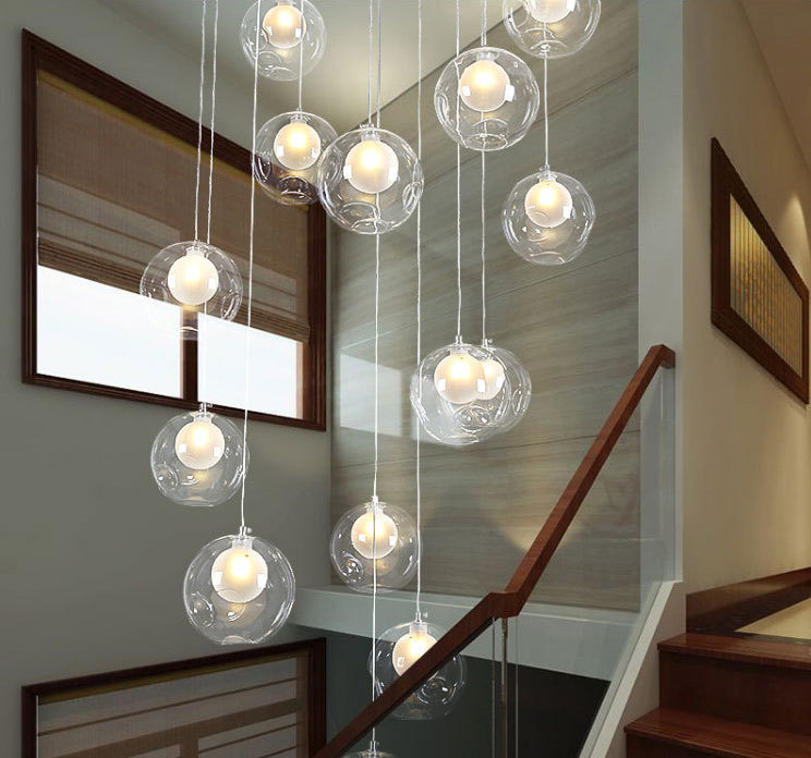 Ball Spiral Stairs Multi-Pendant Clear Dimpled Glass 15-Light Modern Ceiling Light