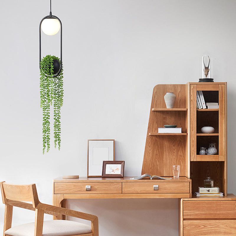 Modern Oval Metal Hanging Lamp White Glass Globe Shade 1 Light Pendant Light with Green Plant