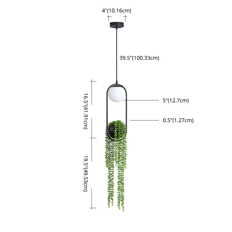 Modern Oval Metal Hanging Lamp White Glass Globe Shade 1 Light Pendant Light with Green Plant
