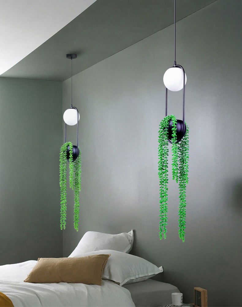 Modern Oval Metal Hanging Lamp White Glass Globe Shade 1 Light Pendant Light with Green Plant