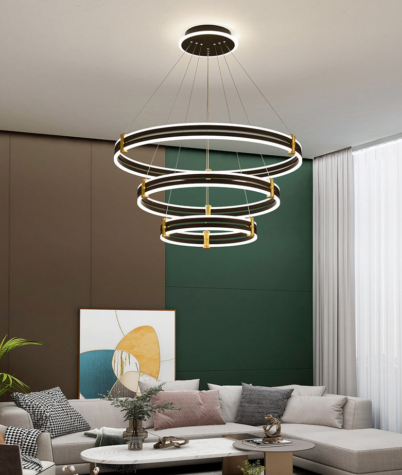 Black Tiered Round Chandelier Minimalist Acrylic LED Suspension Light for Living Room