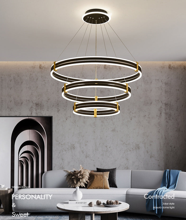 Black Tiered Round Chandelier Minimalist Acrylic LED Suspension Light for Living Room