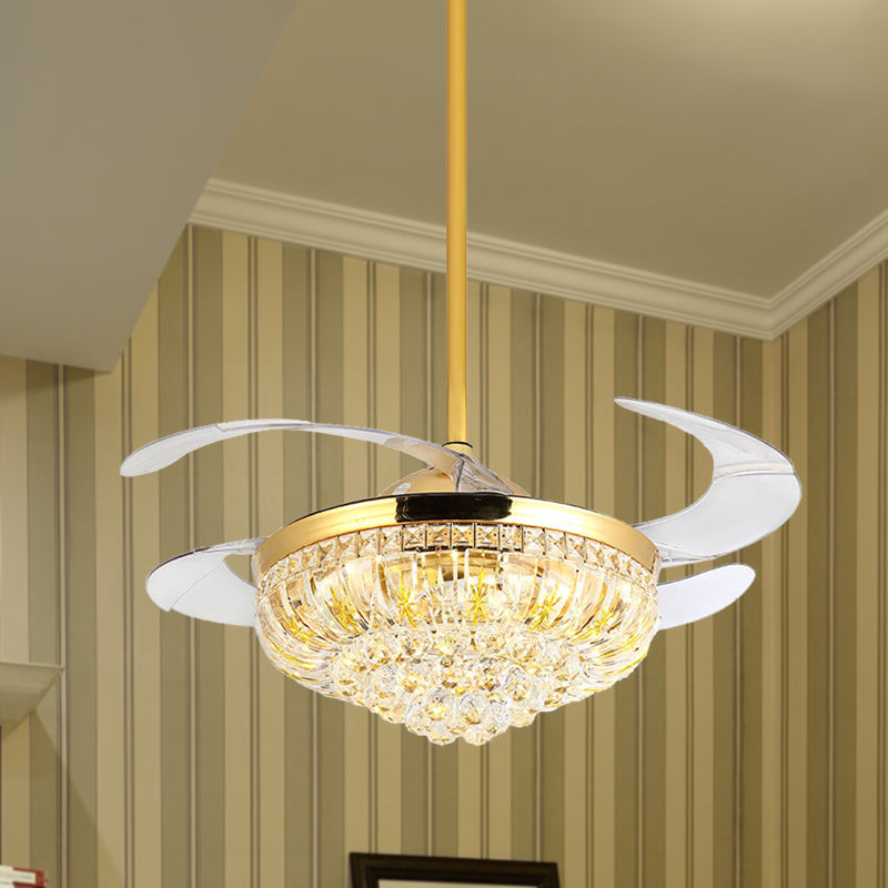 Taglio ventola di montaggio a led conico cristallo moderno semifulto dorato elegante con controllo telecomando/controllo/conversione di frequenza della parete