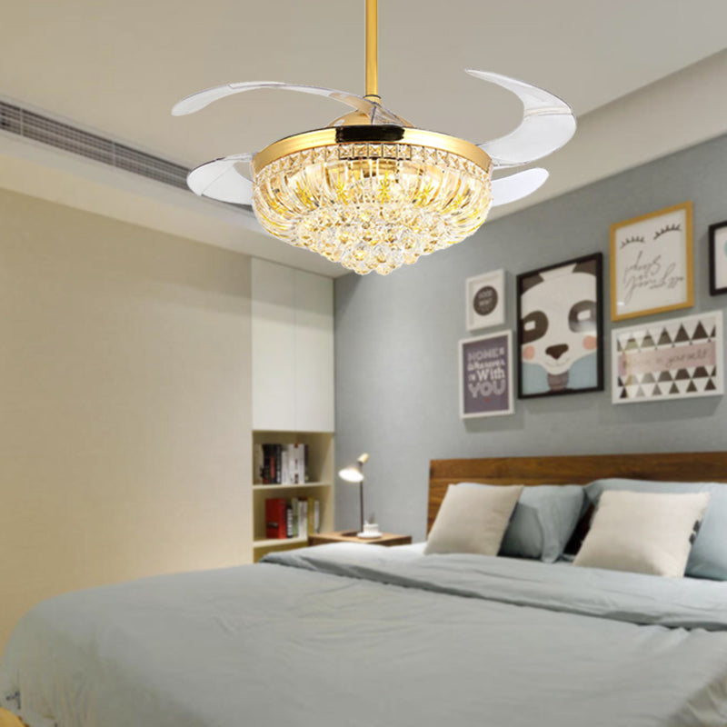 Taglio ventola di montaggio a led conico cristallo moderno semifulto dorato elegante con controllo telecomando/controllo/conversione di frequenza della parete