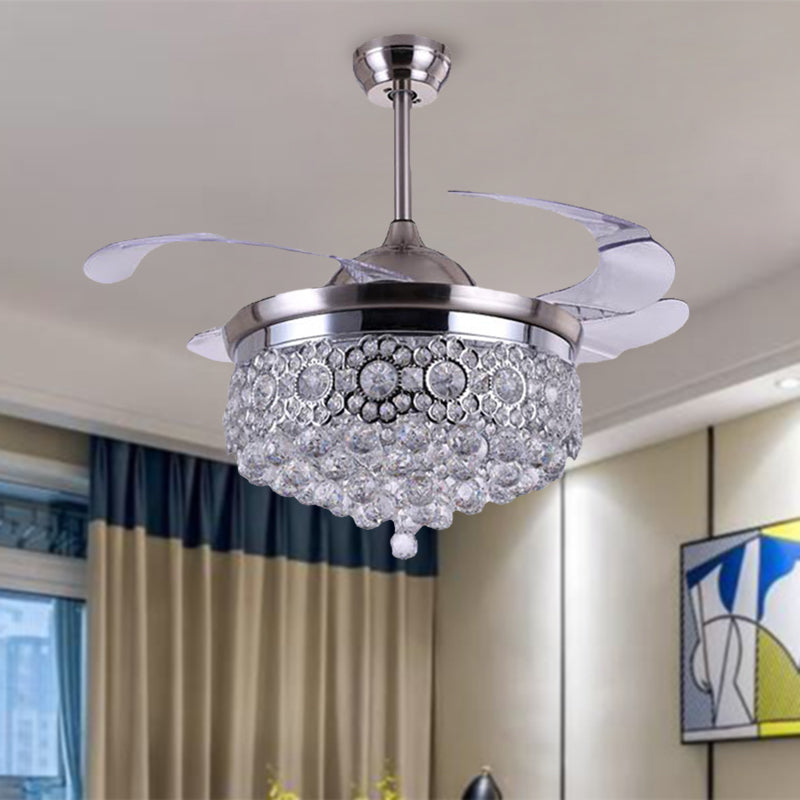 Lampada a soffitto a LED a sfera di cristallo trasparente moderno controllo telecomando/controllo della parete/frequenza convertibile residenza interno con ventola in argento