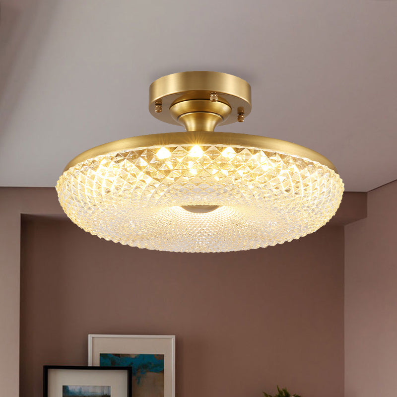 Gold Finish Donut Semi Flush Lamp Modern Stylish LED Prismatic Crystal Ceiling Mount Light