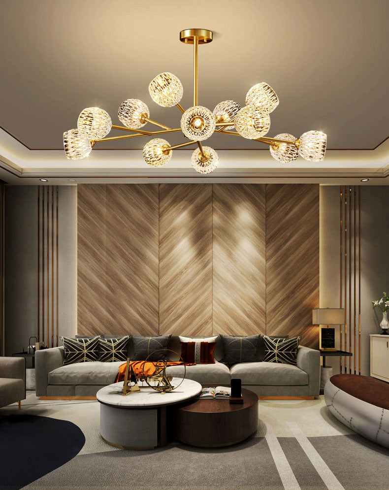 Alcance completo de la iluminación de cristal de cobre Candelera molecular de estilo moderno para sala de estar