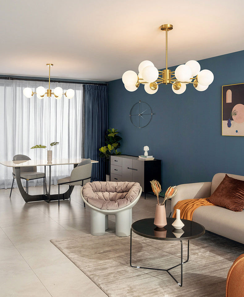 Lámpara de lámpara de araña de vidrio blanco de leche colgante de iluminación de latón contemporáneo para comedor